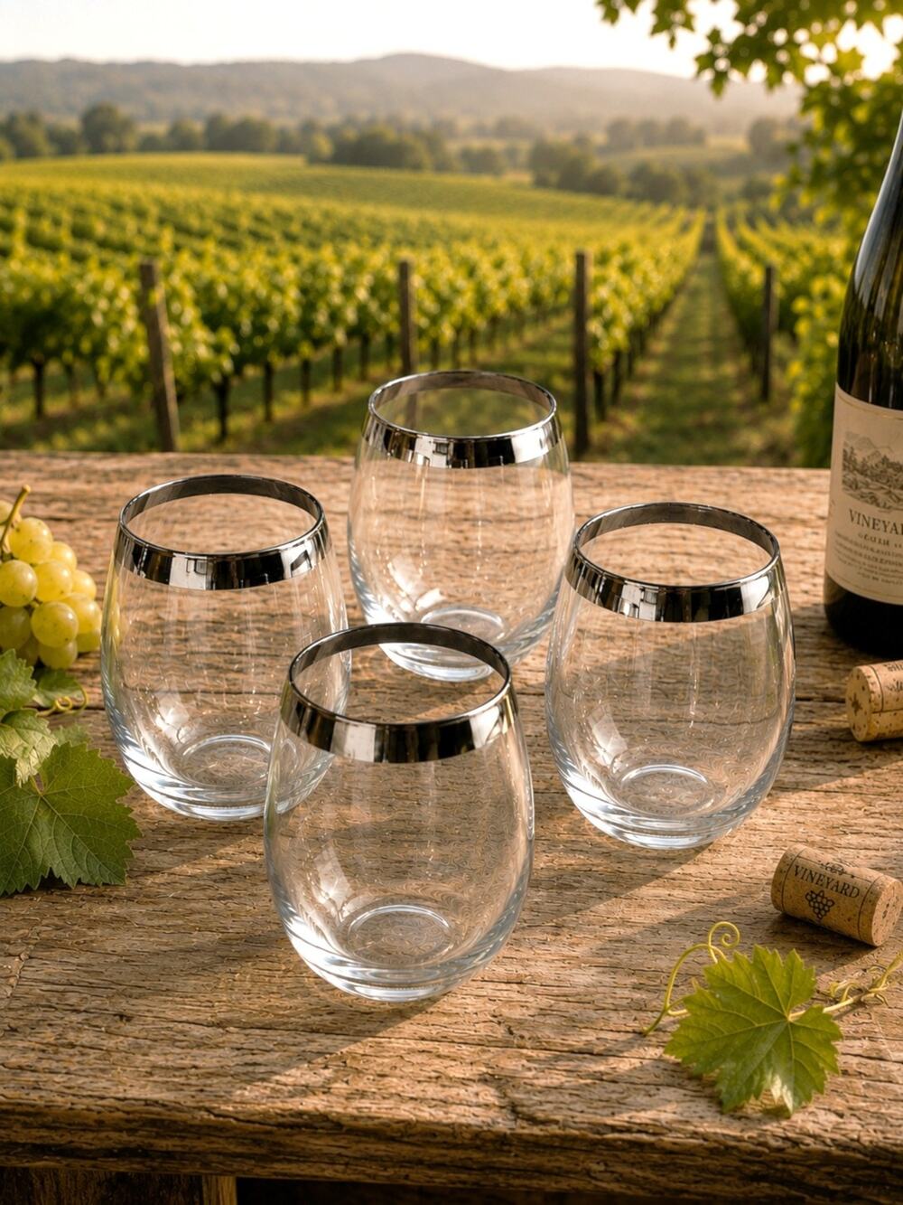 Set of 4 Stemless Wine Glasses Silver Rim Clear Glass Elegant Barware